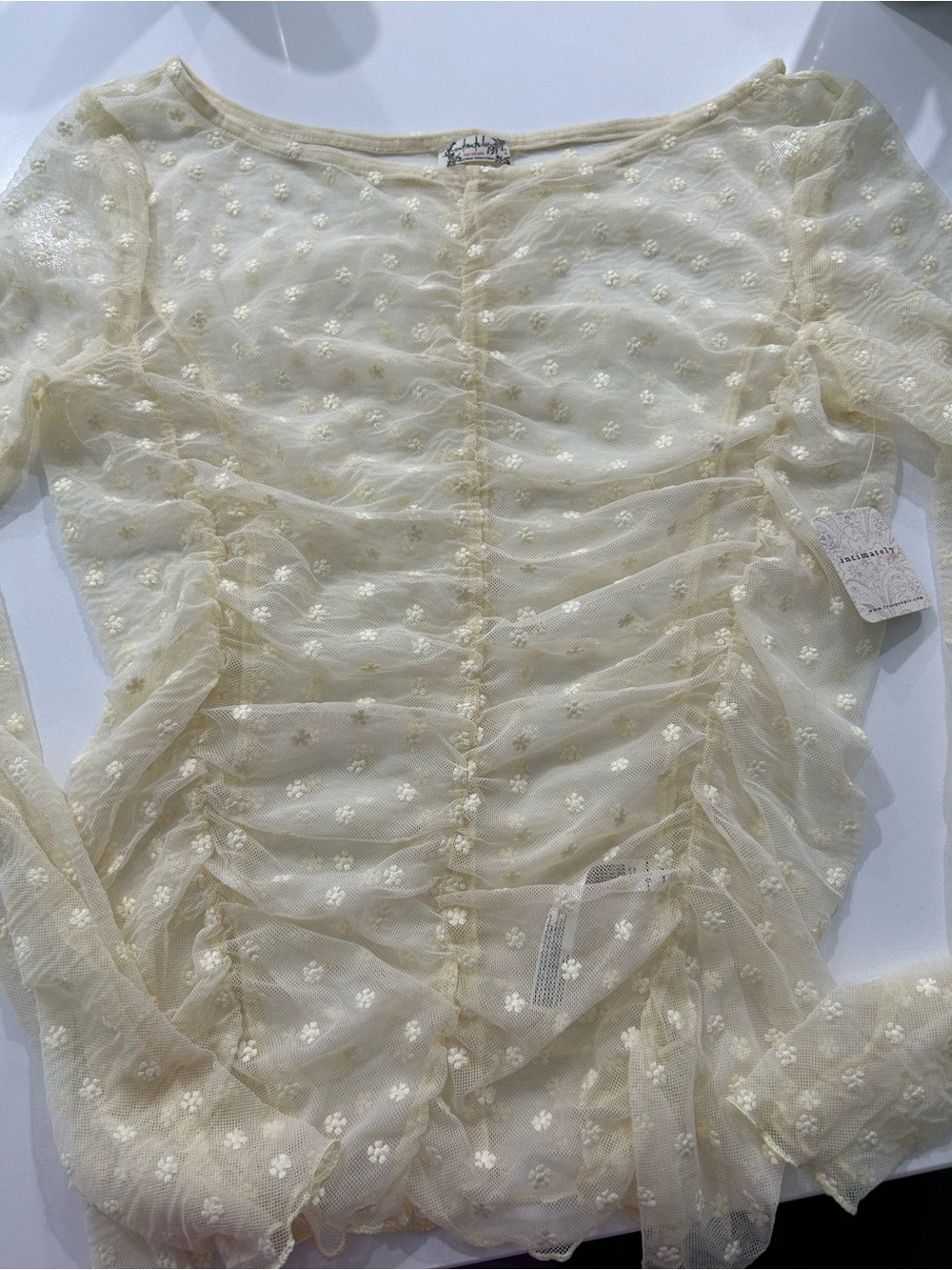 Free People Cream Floral Ruched Mesh Blouse